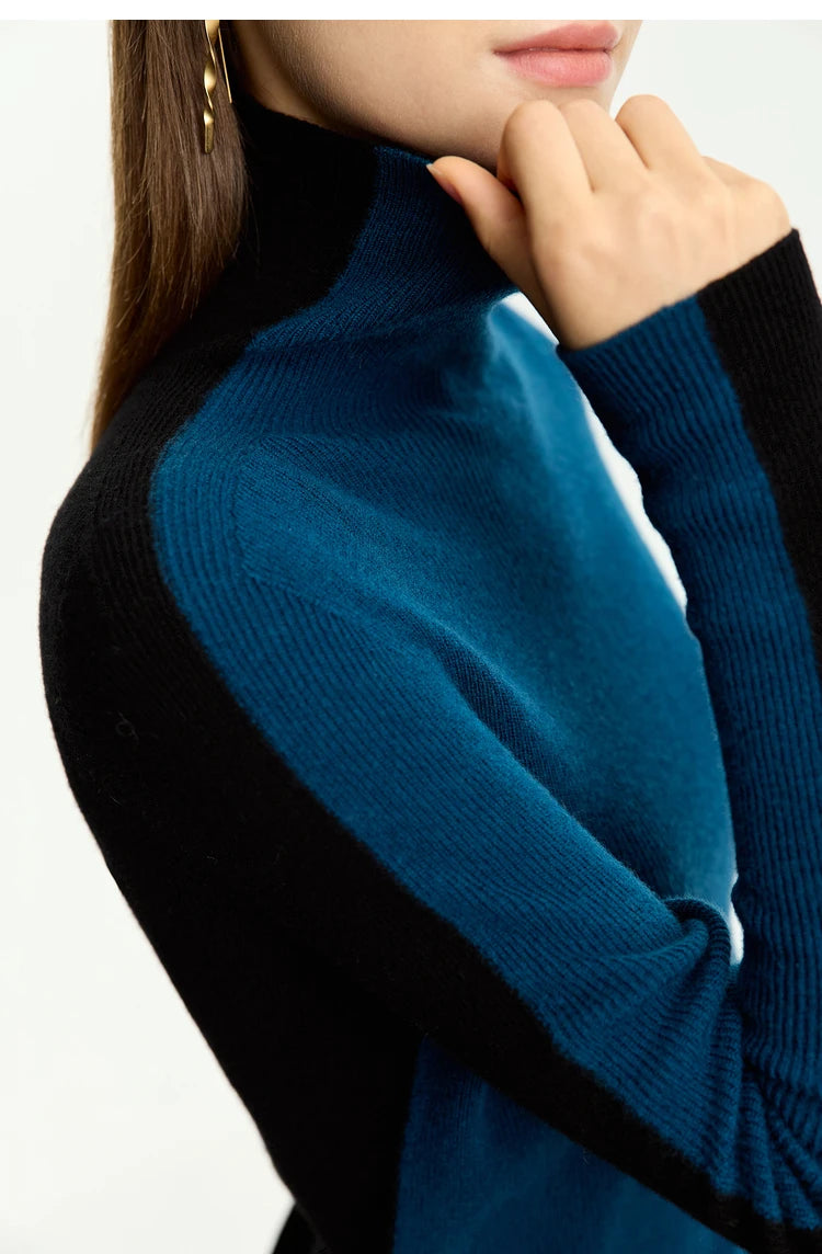 Damen-Rollkragenpullover 100 % Wolle Farbkontrast Slim Fit Frühling