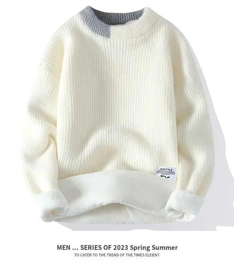 Dicker Herren-Pullover mit Rundhalsausschnitt und Patchwork-Design – Lockerer, elastischer Langarm für Herbst und Winter