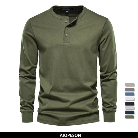 Aiopeson Herren Langarm Button-Down-T-Shirts Herbst Henley Kragen lässig hochwertige 100% Baumwolle Rundhals ausschnitt Herren T-Shirts