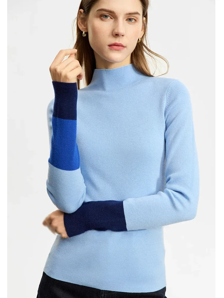 Damen-Halbrollkragen-Pullover Slim Farbkontrast Wolle-Mix Winter