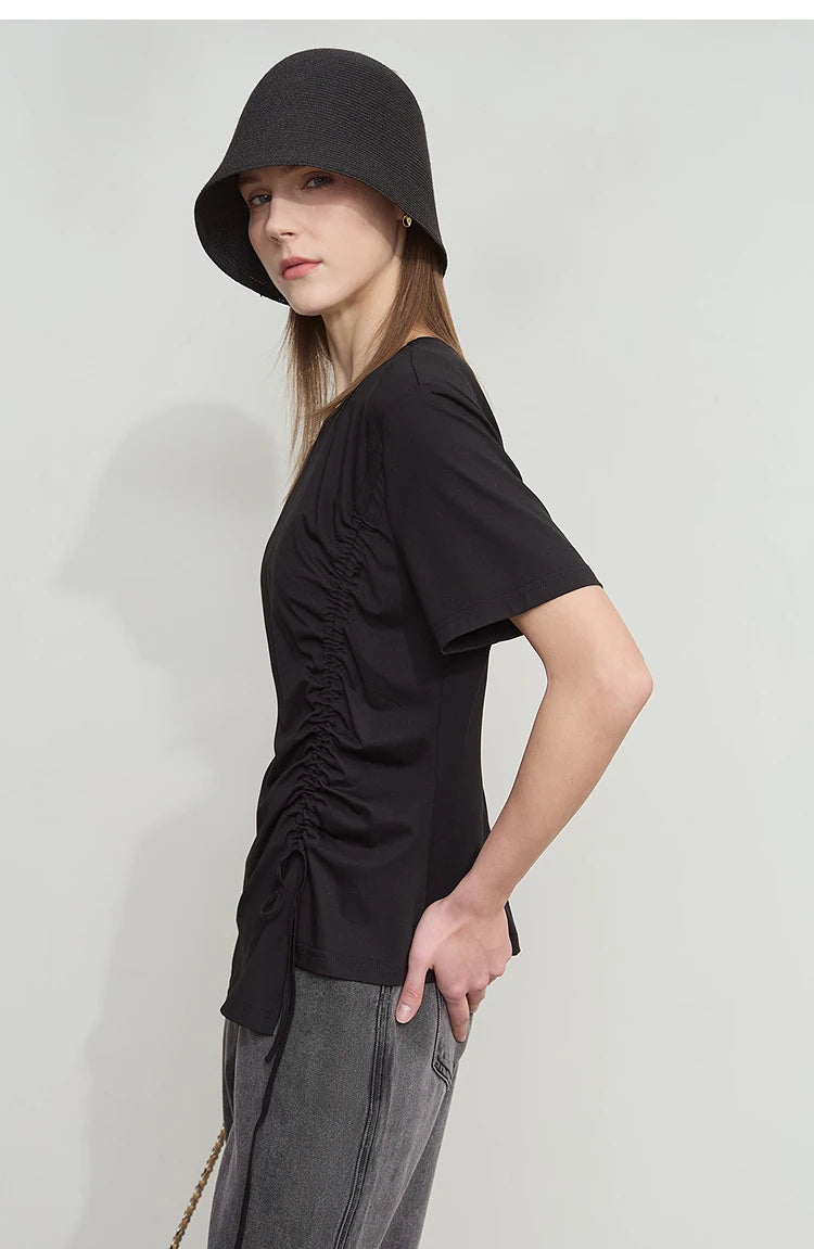 Damen Sommer T-Shirt mit Rundhals und Kordelzug in lässiger Form