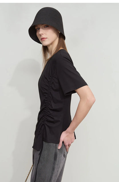 Damen Sommer T-Shirt mit Rundhals und Kordelzug in lässiger Form