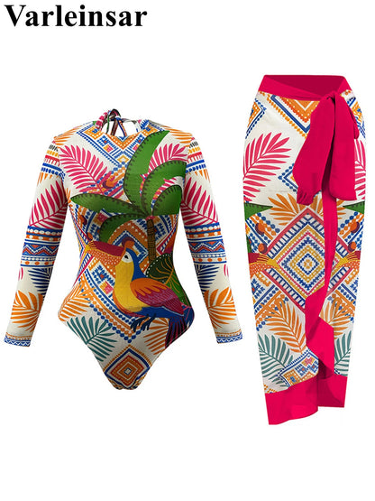 Damen-Badeanzug Print Langarm Sarong-Hose Set gepolstert