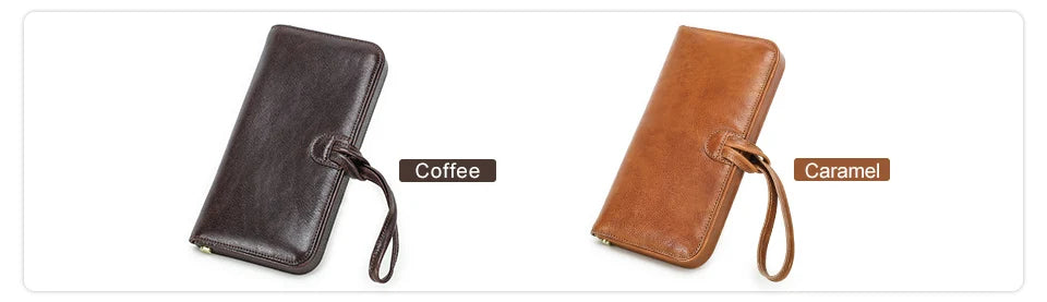Lederhandgelenktasche in Coffee- und Karamellbraun mit Handgelenkband, Vorderansicht.