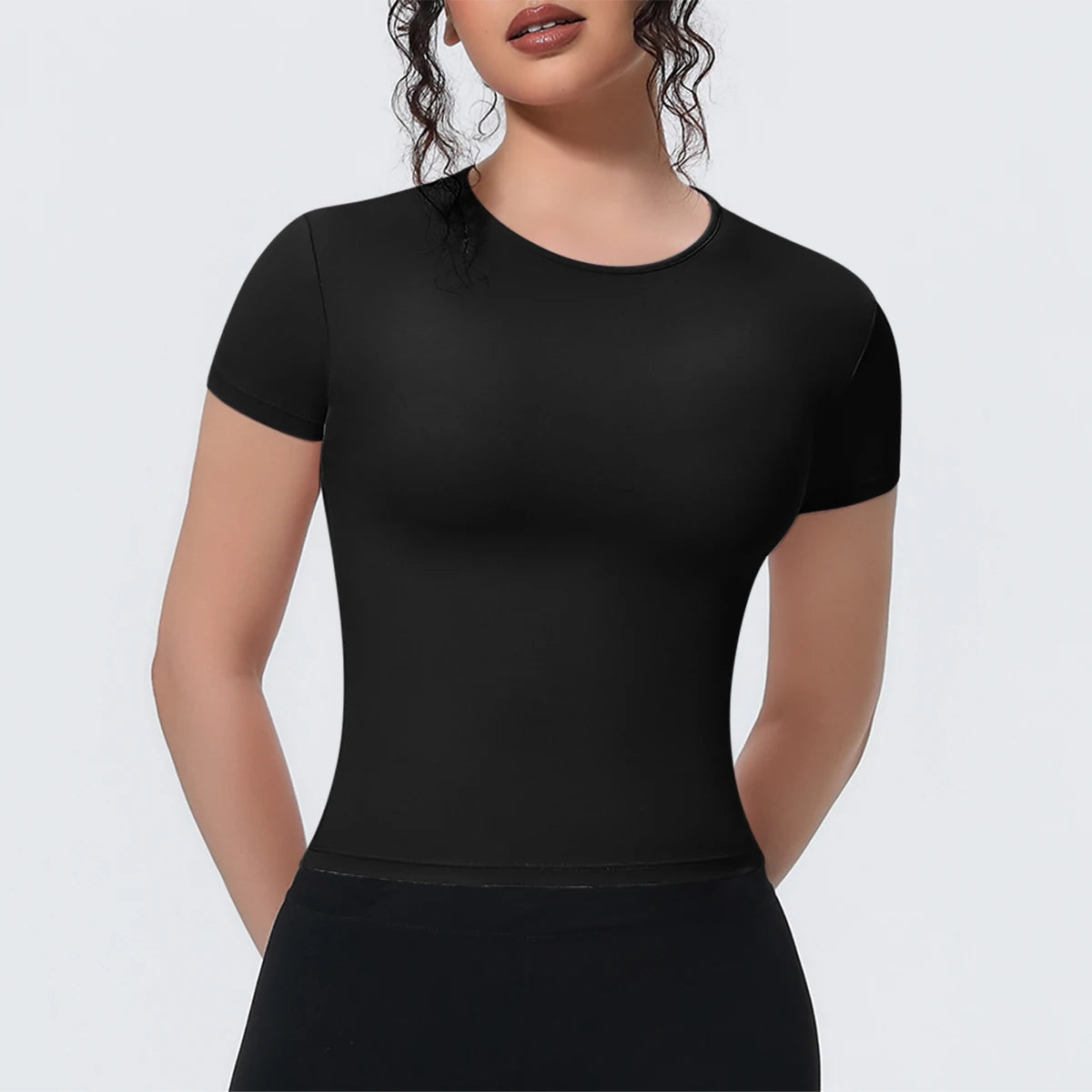 Damen Yoga-Shirt kurzarm, schwarz, Rundhalsausschnitt, eng anliegend
