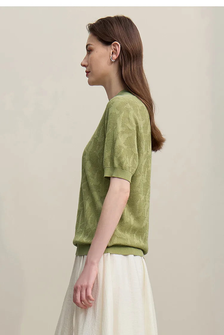 Damen-Strickpullover mit Reverskragen, Jacquardmuster, kurzärmelig, grasgrün