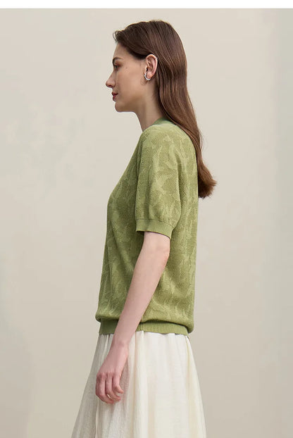 Damen-Strickpullover mit Reverskragen, Jacquardmuster, kurzärmelig, grasgrün
