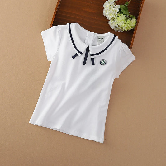 Mädchen T-shirt Sommer Baumwolle Tennis Kleidung für 4-10Y Kinder Drehen-unten Kragen Bogen Tops Kurzen Ärmeln Casual Tee