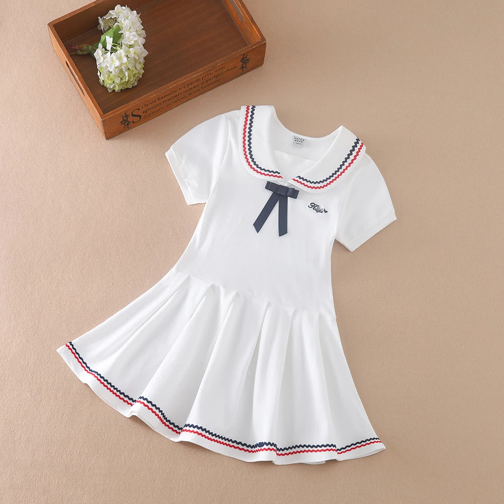 Mädchen Kleid Schuluniform Umlegekragen Kleider 5-12 Jahre Kinder Preppy Kleidung Kinder Sommer Kurze Ärmel Kleidung