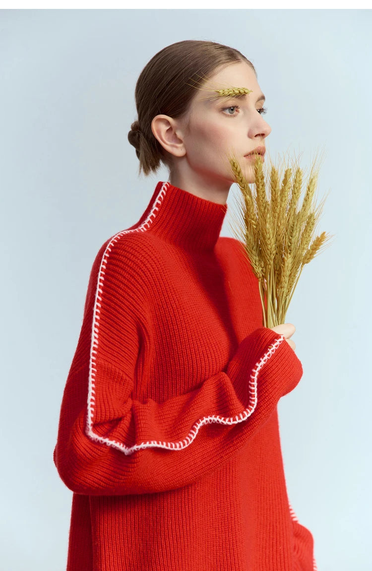 Damen-Rollkragenpullover Wolle Stickerei locker Weihnachten Winter