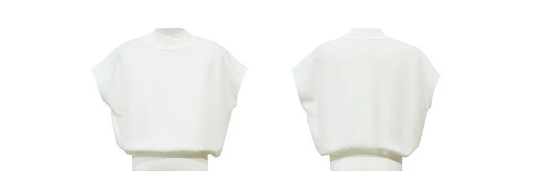 Damen-Crop-Strickpullover, Vorder- und Rückansicht, Stehkragen, kurzarm, hell