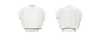Damen-Crop-Strickpullover, Vorder- und Rückansicht, Stehkragen, kurzarm, hell