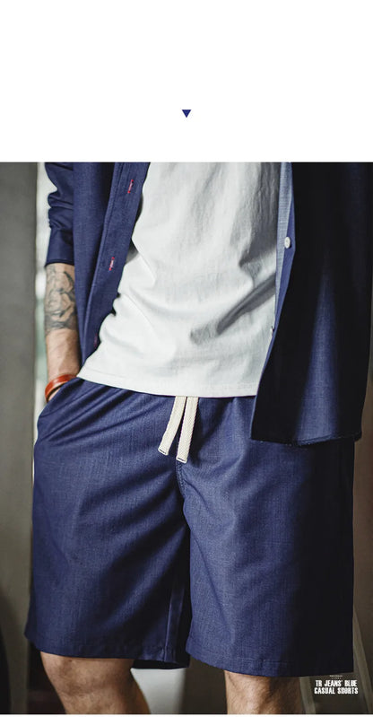 Herren Shorts im Retro-Stil aus gewaschenem Denim mit elastischem Bund und Kordelzug