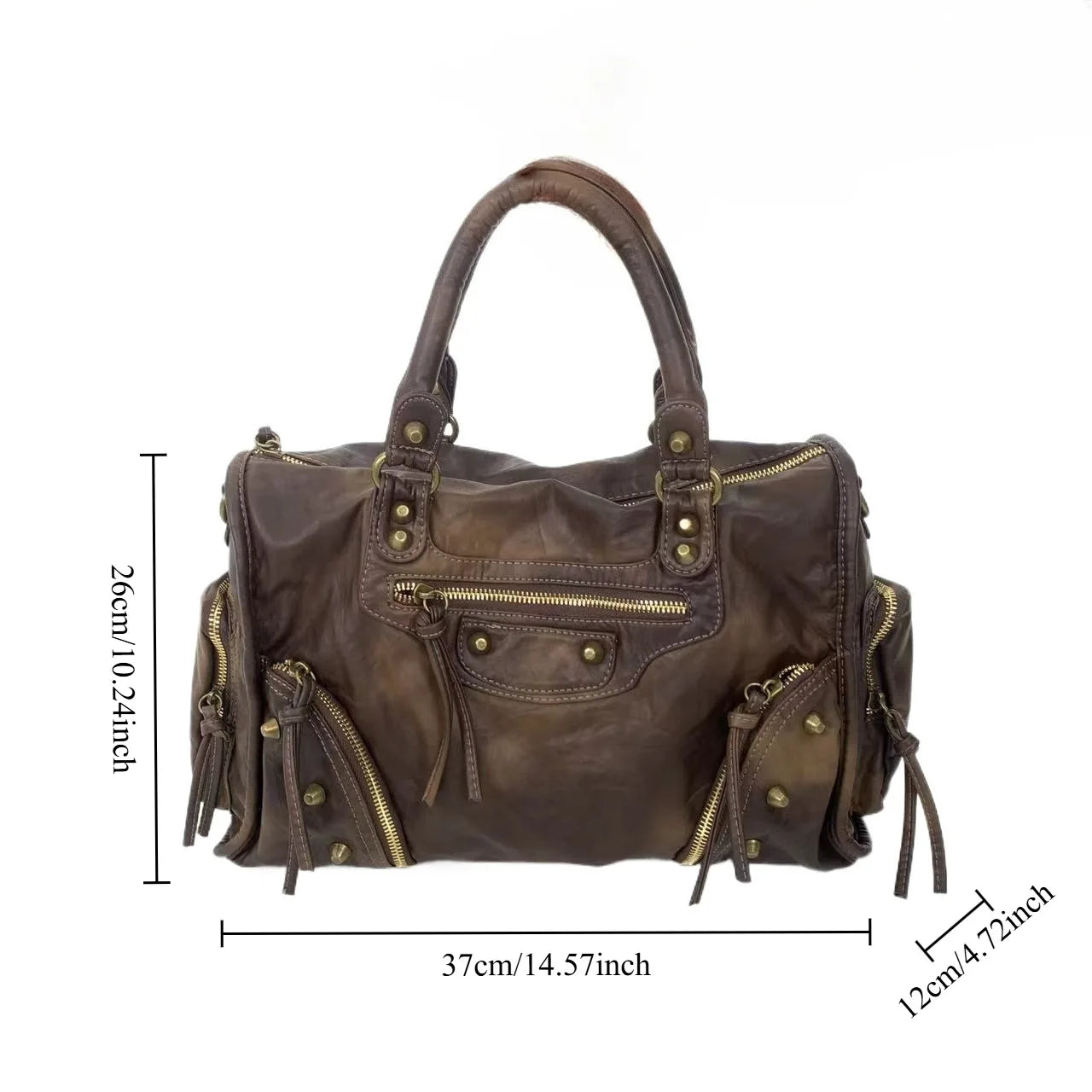 Damen-Schultertasche Vintage-Stil mit Nieten und viel Stauraum in mehreren Innentaschen