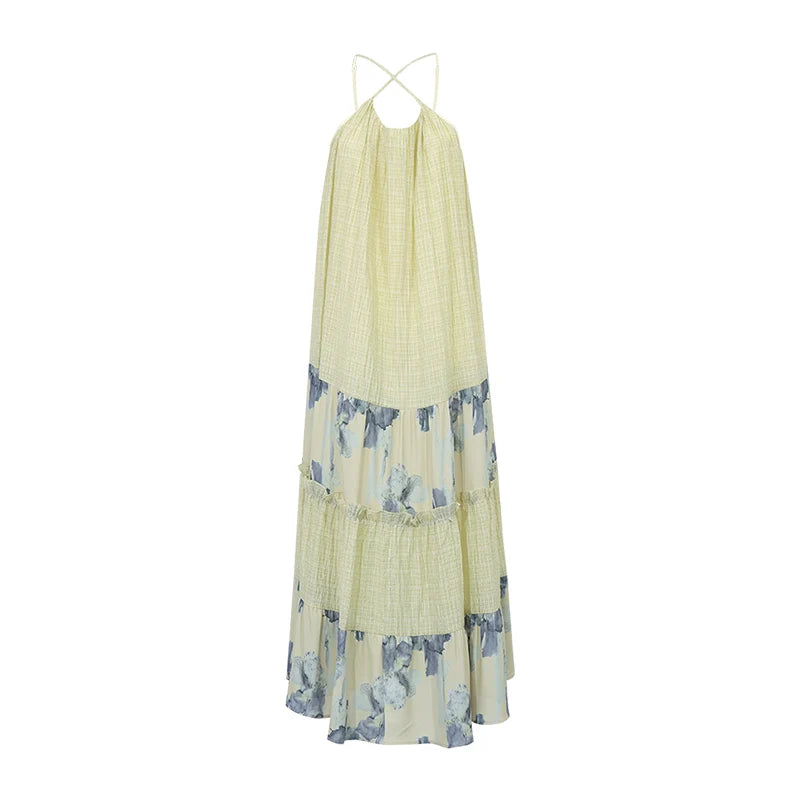Damen-Chiffonkleid A-Linie, hellgrün mit blauem Print im Volantrock