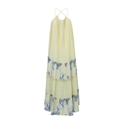 Damen-Chiffonkleid A-Linie, hellgrün mit blauem Print im Volantrock