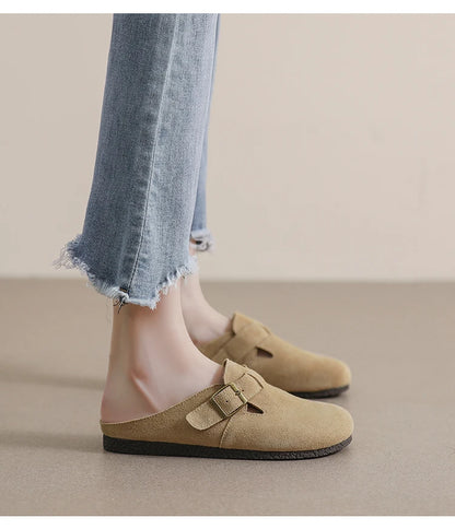 AIYUQI Hausschuhe Frauen Echt Leder 2025, Neue Große Größe 41 42 43 Frauen Sommer Schuhe Retro Oberbekleidung Flache Faule halbe Hausschuhe Frauen