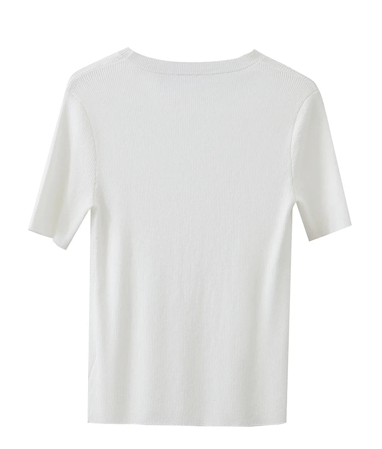Damen-Rundhalspullover Lyocell Slim Kurzarm figurschmeichelnd Sommer