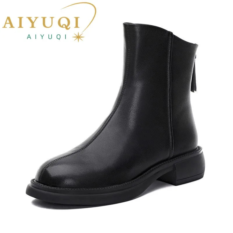 Schwarze Damen-Chelsea-Boots aus Leder von AIYUQI mit Blockabsatz