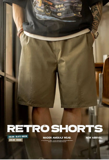 Herren Vintage Shorts in Khaki mit geradem Bein und Kordelzug