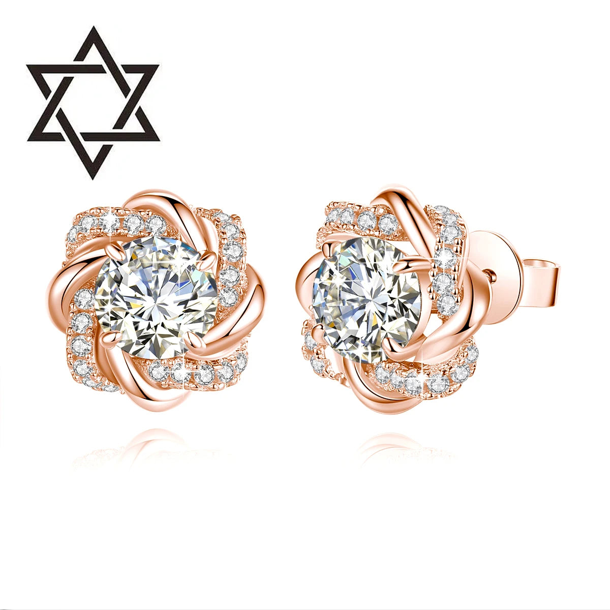 Damen-Moissanit-Ohrringe mit Zertifikat, 2 Karat Rosegold, Davidstern-Design, Luxusschmuck