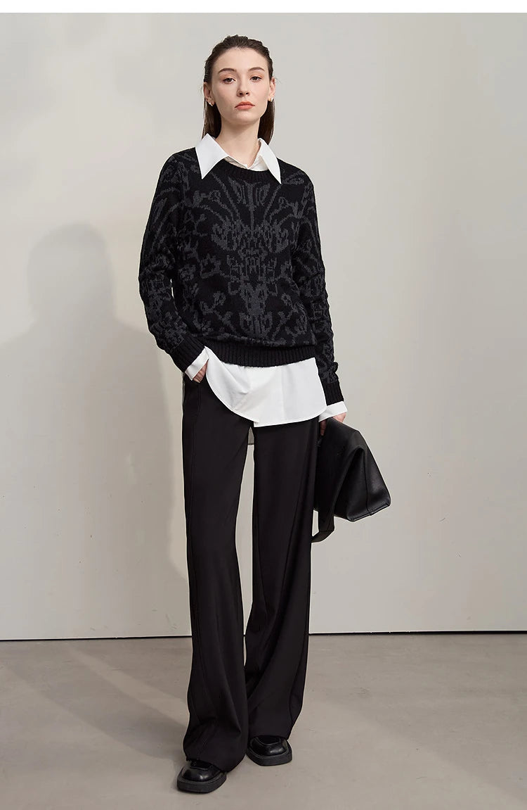 Damenpullover mit langem Ärmel, schwarzem Strick mit Jacquard-Muster