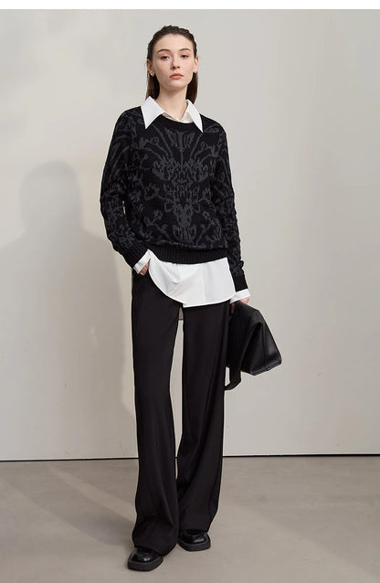 Damenpullover mit langem Ärmel, schwarzem Strick mit Jacquard-Muster