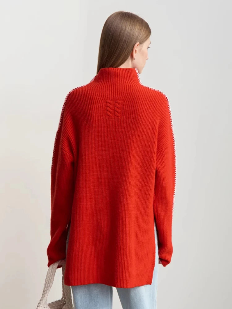 Damen-Rollkragenpullover Wolle Stickerei locker Weihnachten Winter