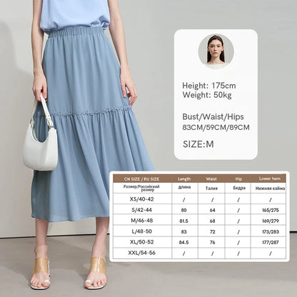 Hellblauer Midirock aus Chiffon mit A-Linie, elastischer Bund und Volants