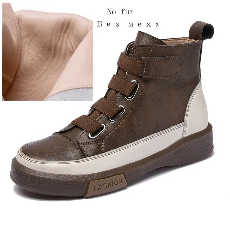 Damen Winterstiefel aus Leder, braun, mit Riemen und Schnallen, flache Sohle