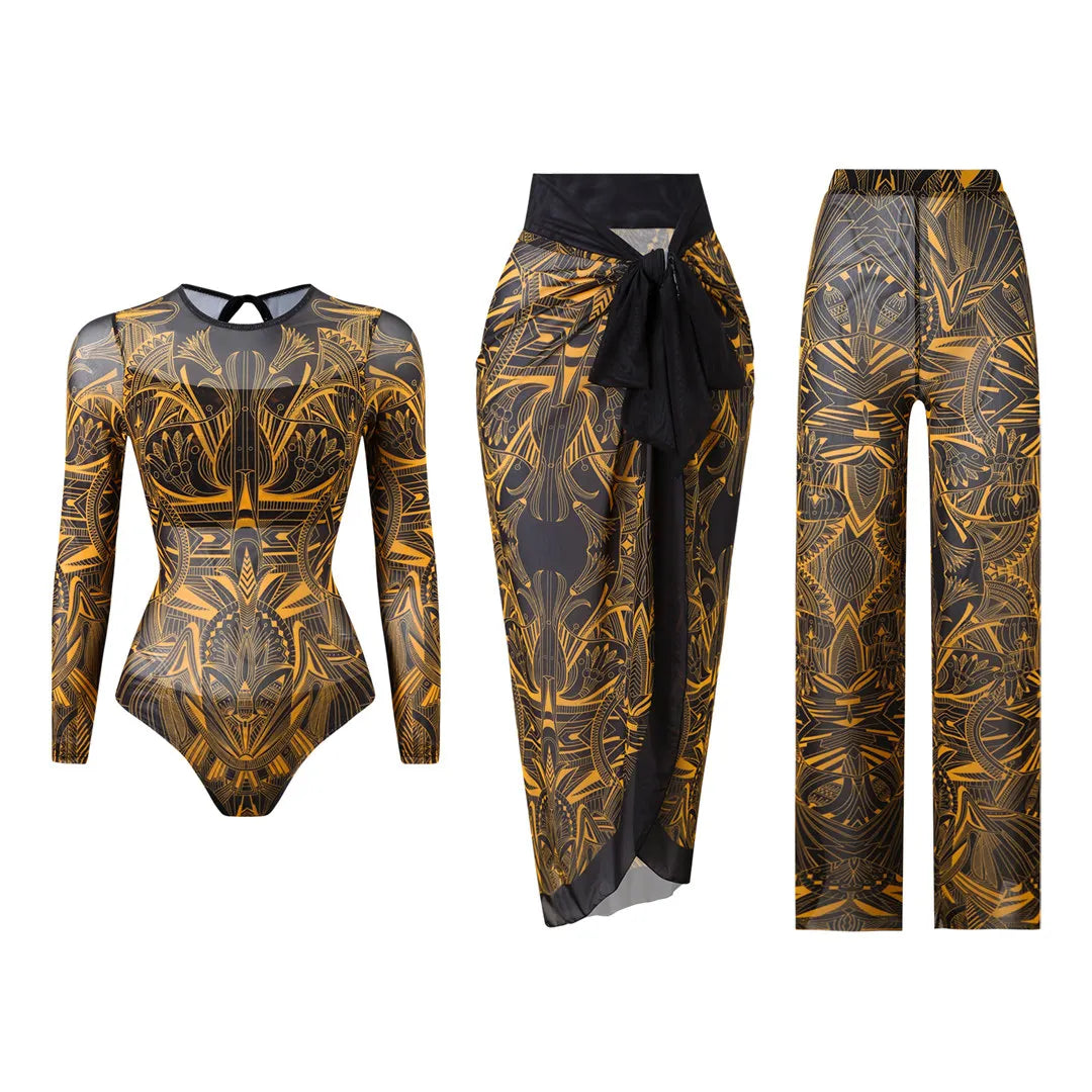 Damen-Badeanzug 3-teilig Print Langarm Sarong-Set gepolstert