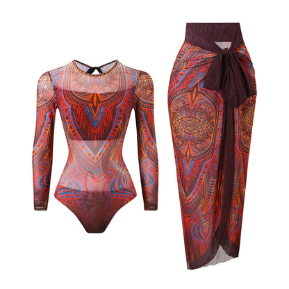 Damen-Badeanzug Blumen Langarm Sarong einteilig gepolstert