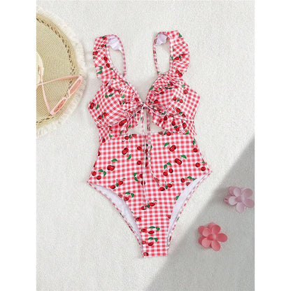 Damen Badeanzug Kirschen Karo Cut-Out Rüschen hoher Beinausschnitt Monokini