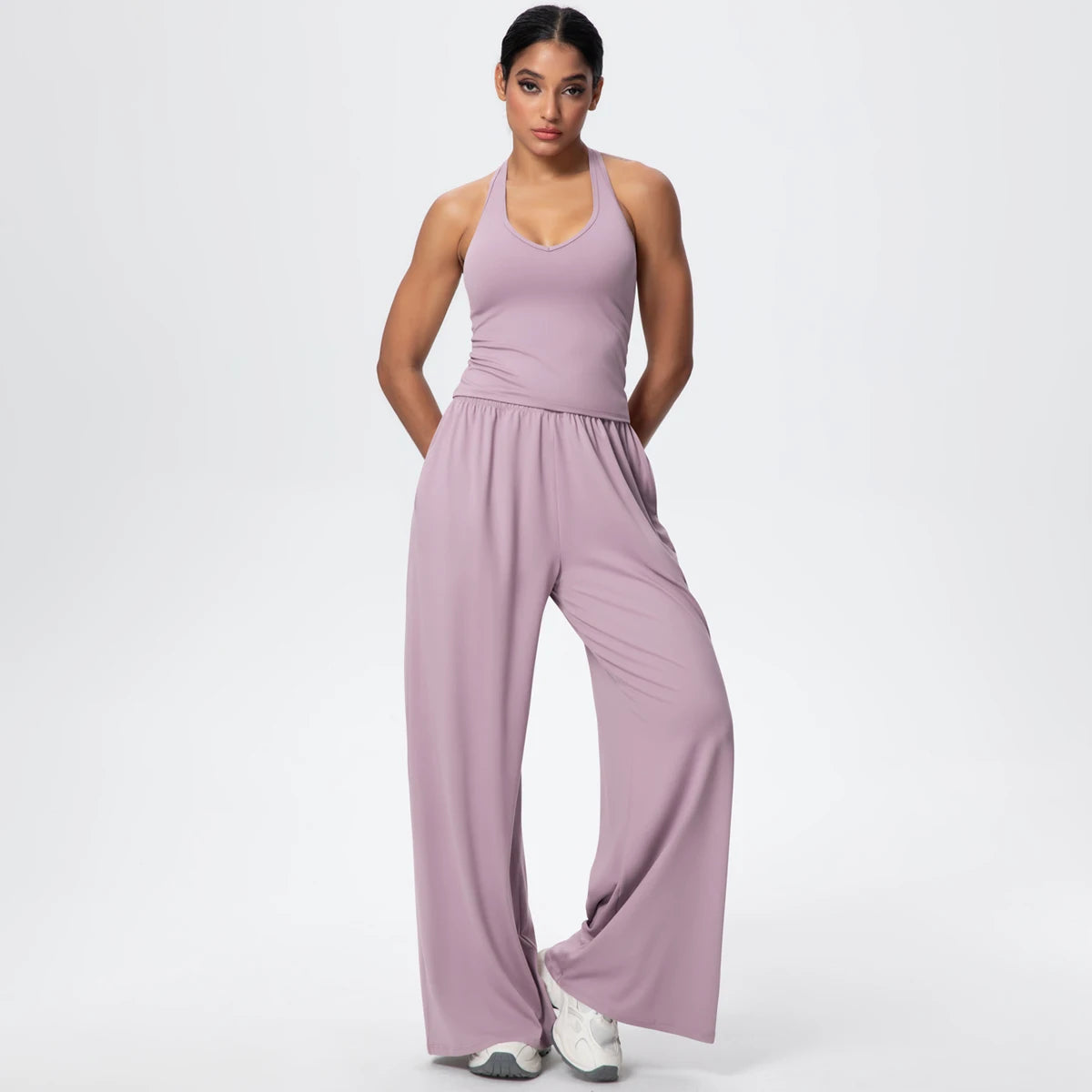 Lila Yoga-Set für Damen: Träger-Top und lange, weite Hose mit Raffung am Bund