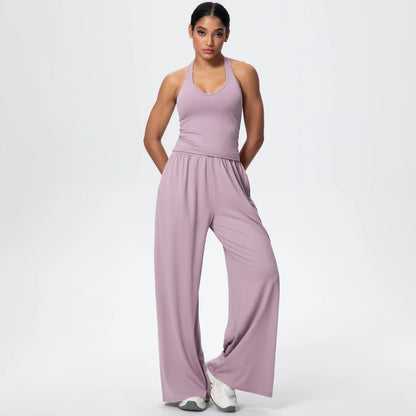 Lila Yoga-Set für Damen: Träger-Top und lange, weite Hose mit Raffung am Bund