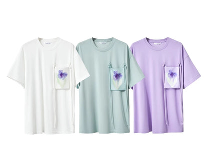 Damen T-Shirt im Minimalismus-Stil mit Taschen und elastischem O-Neck