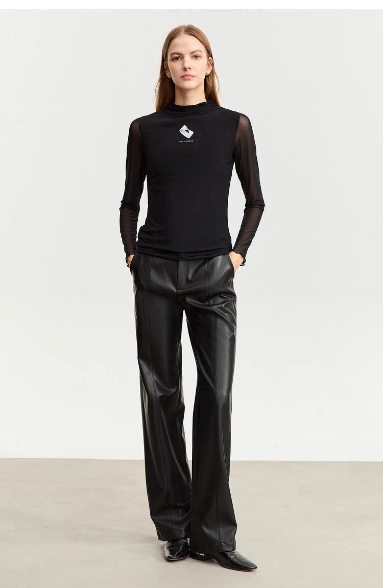 Damen T-Shirt aus gedrucktem Mesh mit slim-fit Halb Stehkragen