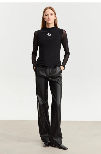 Damen T-Shirt aus gedrucktem Mesh mit slim-fit Halb Stehkragen