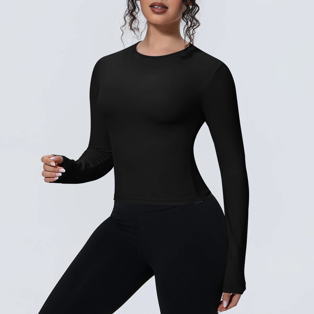 Yogashirt mit langen Ärmeln, schwarz, figurbetonter Schnitt