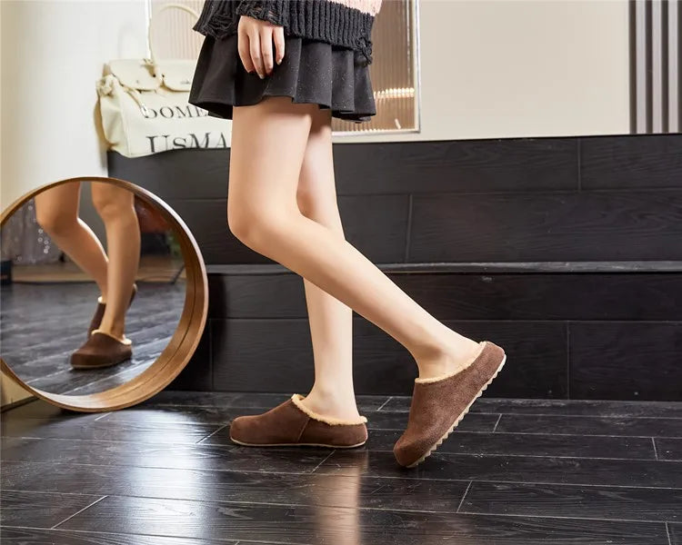 AIYUQI Hausschuhe Weiblichen Echten Leder 2024 Neue Slip-on Winter Hausschuhe Damen Casual Fleece Trend Hausschuhe Schuhe Frauen