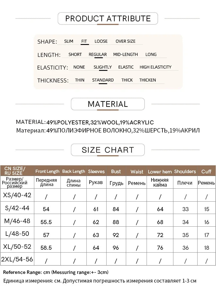 AMII Produktangaben: Material- und Größentabelle für den Strickpullover