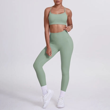 Damen Yoga-Sportset in Hellgrün: Sport-Bustier und Leggings im 3/4-Look
