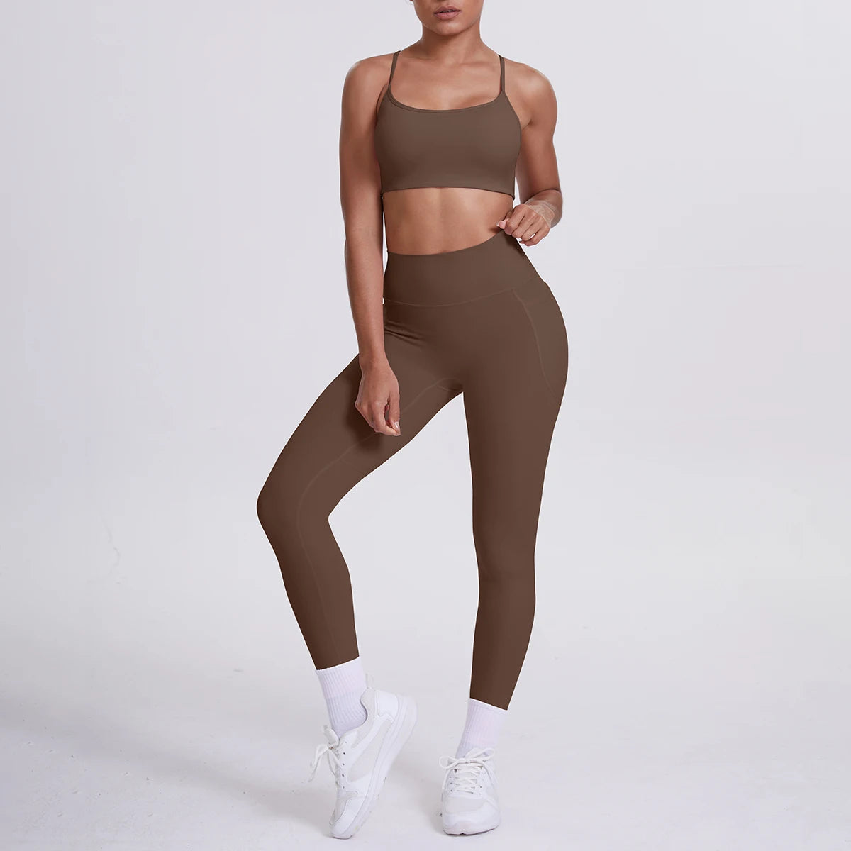 Damen Yoga-Set mit Sport-BH und Leggings, braun