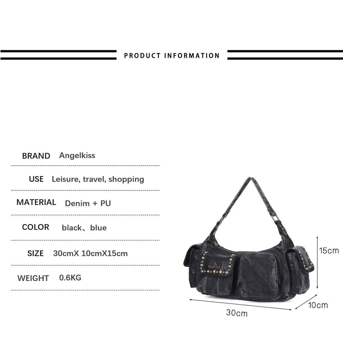 Damen-Schultertasche aus Denim und Canvas mit Reißverschluss und großem Hauptfach und Smartphonefach