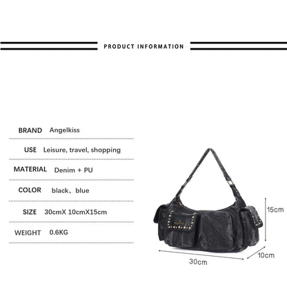 Damen-Schultertasche aus Denim und Canvas mit Reißverschluss und großem Hauptfach und Smartphonefach