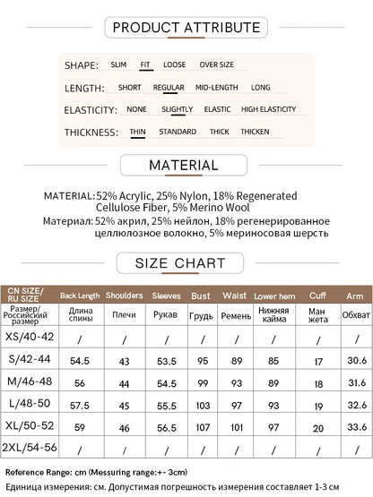 Tabelle mit Produktattributen und Materialangaben für Damen-Pullover