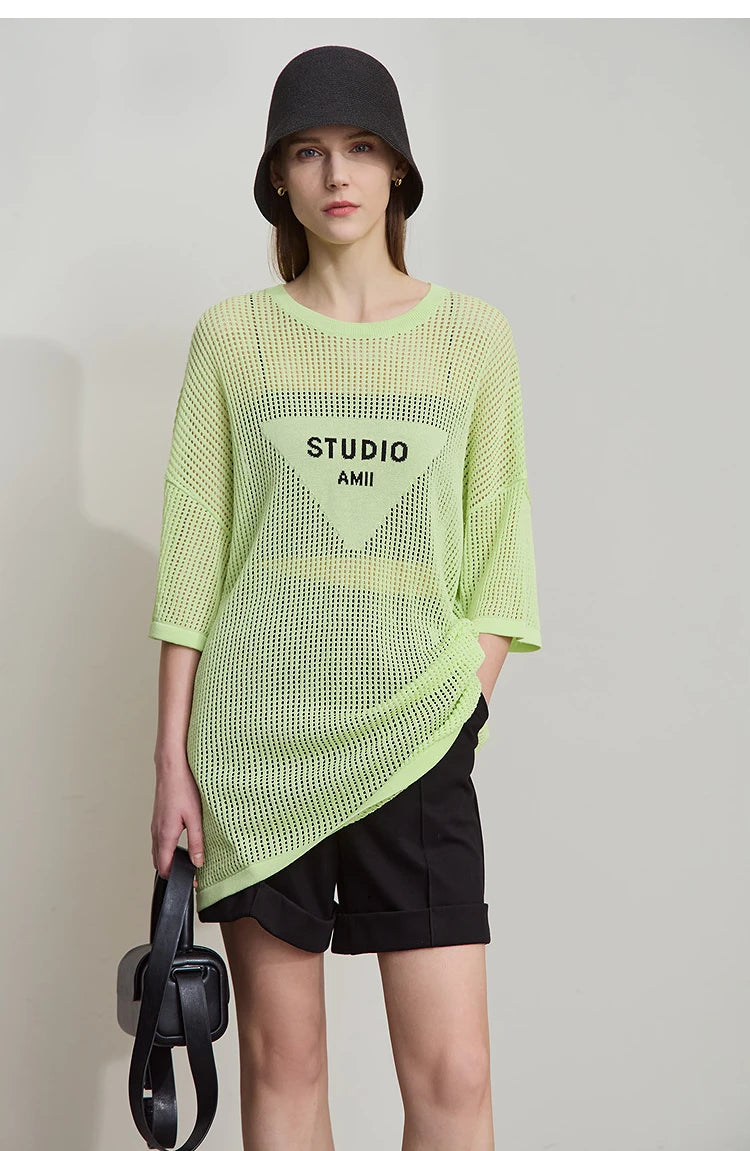 Damen-Rundhalspullover Buchstaben-Jacquard Halbarm locker Sommer