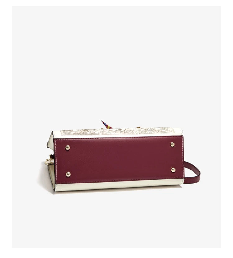 Damen Schultertasche aus Splitleder mit Stickerei im chinesischen Stil