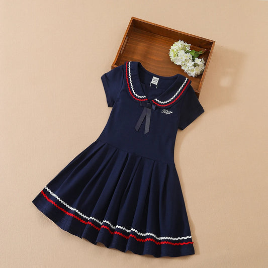 Mädchen Kleid Schuluniform Umlegekragen Kleider 5-12 Jahre Kinder Preppy Kleidung Kinder Sommer Kurze Ärmel Kleidung