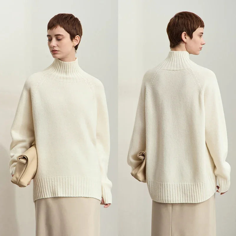 Damen-Rollkragenpullover 100 % Wolle nahtlos antibakteriell Winter